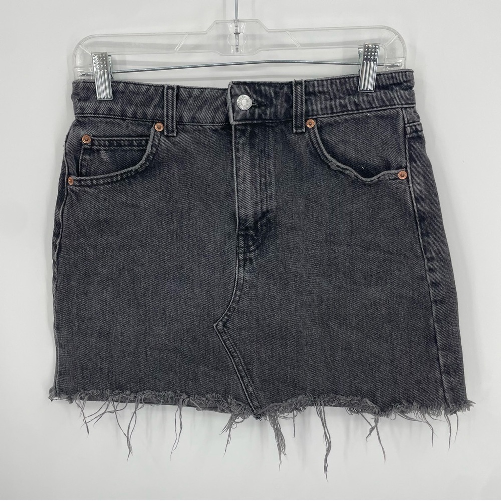 Topshop Black Acid‎ Distressed Frayed Hem Denim Skirt Size 6